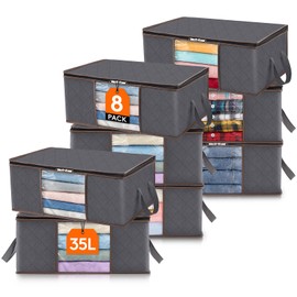 Lifewit 35 L Storage Bags, Pack of 8, Storage Boxes with Lid, Large Clothes Storage, Moving Boxes, Foldable Storage Boxes for Duvets, Clothes, for Under the Bed, Wardrobe, Grey