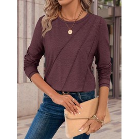 ATHMILE Womens Long Sleeve Shirts Pleated Crew Neck Casual Fall Fashion Tops Loose Fit Lightweight Girls Outfits Clothes Wine Red