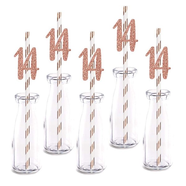 Rose Happy 14th Birthday Straw Decor, Rose Gold Glitter 24pcs Cut-Out Number 14 Party Drinking Decorative Straws, Supplies