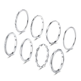 JeweBella Pack of 8 Rings Silver for Women Stainless Steel 1 mm Plain Thin Midi Finger Ring Minimalist Thumb Rings Set Stackable Knuckle Rings Silver Simple Twist Rings Women, Stainless Steel