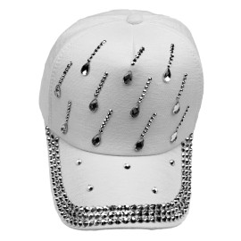 None Women's Bling Hat Raindrops Adjustable Baseball Cap Bling Studded Rhinestones - White