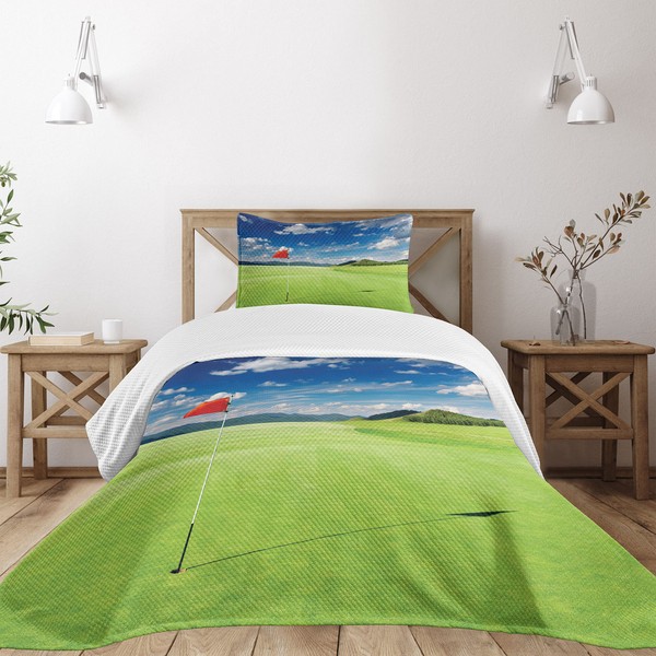 Lunarable Sports Bedspread, Golf Field Flag in The Hole Clouds Sky Summertime Golfing Landscape, Decorative Quilted 2 Piece Coverlet Set with Pillow Sham, Twin Size, Lime Green