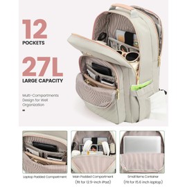 LOVEVOOK Laptop Backpack Purse for Women, Work Travel Computer Bags, College School Backpack for Student Girl, Quilted Casual Daypack with USB Port, Fit 15.6 Inch Laptop, Grey Pink