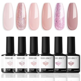 modelones- Modelones Gel Nail Polish, Set de 6 esmaltes de uñas en gel de color rosa nude, esmalte de uñas con purpurina rosa neutro                  