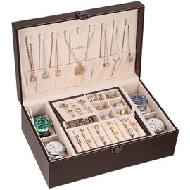 LANDICI Jewelry Box Organizer for Men Women, 2 Layer 4 Slot Watch Storage Case with Removable Tray, PU Leather Large Jewellery Holder Display for Watches Sunglasses Rings Earrings Necklace, Coffee