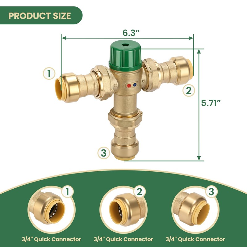 Watflow 3/4 Inch Brass Thermostatic Mixing Valve with Union Connections,