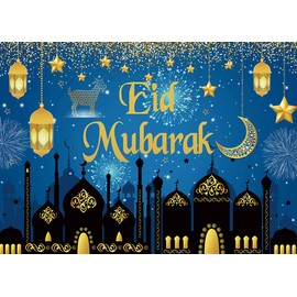 Blue Eid Mubarak Backdrop Arabian Islamic Muslim Ramadan Mubarak Home Festival Background Moon Stars Lanterns Fireworks Mosque Silhouette Party Supplies Decor 6x4FT