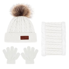 3-in-1 Winter Beanie Hat, Scarf, Gloves Set, Children's Winter Hat Scarf Gloves Girls Set, Baby Hat Warm Winter Beanie Hat Boys Gloves Round Scarf Set for Children 1-5 Years Old, White
