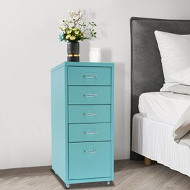 5 Drawer File Cabinet w/Wheels, Metal Vertical Filing Cabinet Blue Storage Cabinets w/Tag Slot, Freestanding Underdesk Chest, Mobile Storage Cabinet File Organizer for Home Office Living Room Study