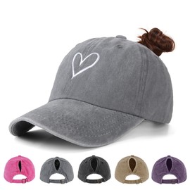 HeyCaps Ponytail Baseball Cap Women's Adjustable Baseball Cap Vintage Hats Sun Protection Baseball Cap with Braid Hole for Summer Sports, Big Heart - Pink