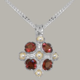 Sterling Silver Cultured Pearl & Garnet Womens Vintage Pendant & Chain Necklace - Chain length 20
