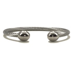 Accents Kingdom Stainless Steel Cable Cuff Bangle Stainless Steel Bracelet - Silver Plated Oval Ball