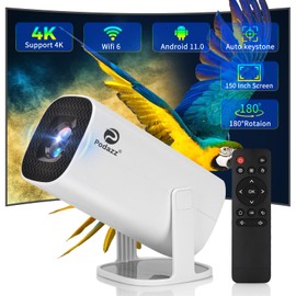 Projector, Podazz Mini Projector 4K Support - with WiFi6 BT 5.4 Android 11, Portable Projector with Automatic Horizontal Correction, 180° Rotating Smart Projector Home Cinema