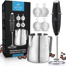 Zulay Milk Frother Complete Set Coffee Gift, Handheld Foam Maker for Lattes - Whisk Drink Mixer for Bulletproof Coffee, Mini Blender for Cappuccino, Frappe - Includes Frother, Stencils & Frothing Cup