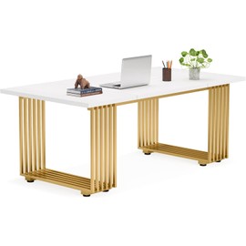 Little Tree 70.9" White Office Desk, Modern Executive Desk with Gold Metal Legs, Large Home Office Desks, Wood Computer Desk, Business Furniture