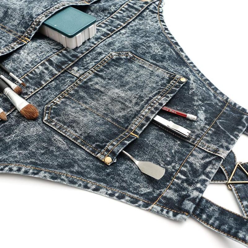 Jeanerlor Denim Work Shop Cross Back Aprons with Pockets for