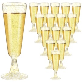 CZMAO Plastic Champagne Glasses, Pack of 50, Champagne Glasses, 150 ml, Reusable Champagne Glasses, Plastic Cocktail Glasses with Gold Glitter for Party, Birthday, Wedding