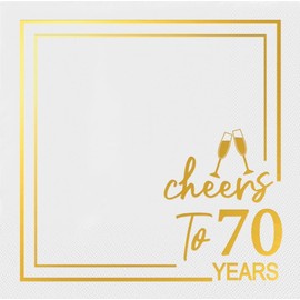 Horaldaily 50 Pack Cheers to 70 Years Cocktail Napkins, 5x5 Inches White and Gold Foil Birthday Decorations Paper Napkins for Party Anniversary Lunch Dinner