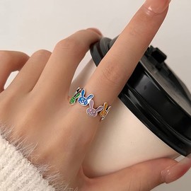IMINI Cute Rabbit Ring Adjustable Colorful Enamel Rabbit Stackable Statement Finger Band Love Endless Promise Rings Lovely Easter Jewelry Gifts for Women Teen Girls, Metal, New