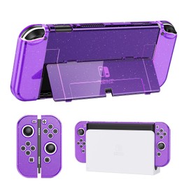 JINGDU Crystal Glitter Switch Protective Case - Compatible with Switch OLED 2021, High Transparency Skin Cover, Hard Case with Thumb Grip Caps, Purple Crystal Glitter