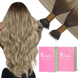 YoungSee Nano Hair Extensions Ombre Nano Bead Extensions Darker Brown With Light Brown to Blonde Nanolink Hair Extensions Balayage Nano Extensions Human Hair 16in 50g/50s