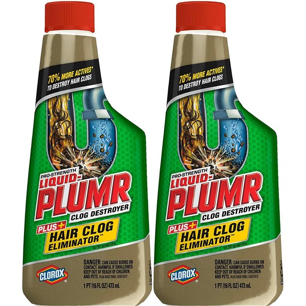 Liquid-Plumr 16 oz Pro-Strength Hair Clog Bathroom Cleaner Eliminator Drain Cleaning Clog Remover, 2-Pack