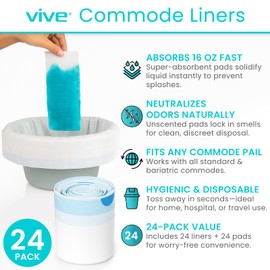Vive Commode Liners with Absorbent Pads - Portable Toilet Bedside Chair Replacement Bags - Disposable Porta Potty Liners for Bariatric Standard Arm 3 in 1 Folding Buckets - Leakproof (24 Pack)