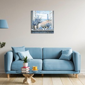 HOMEOART Lighthouse Canvas Wall Art Ocean Beach Seascape Decor Art Prints Framed Coastal Picture,Blue Bathroom Decor,Beach Bedroom Living Room Decoration Artwork 24inchx24inch