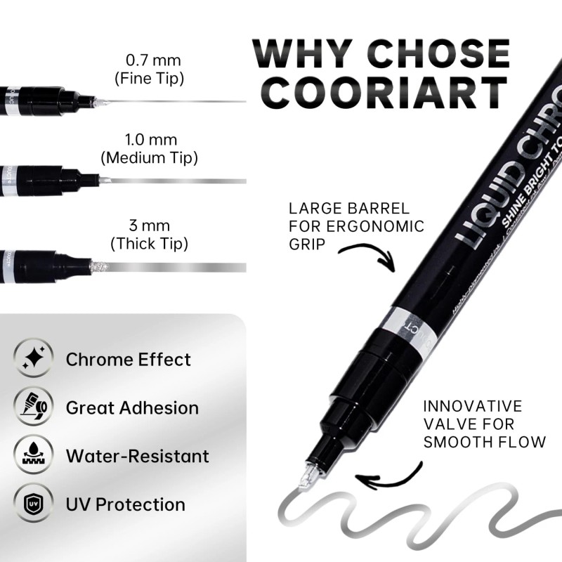 COORIART 3PK Liquid Chrome Markers Permanent Mirror Pens for Plastic