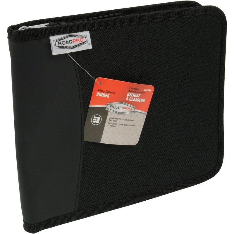 RoadPro 3-Ring Zippered Binder for Loose-Leaf Log Sheets, Black, LB-001BK,