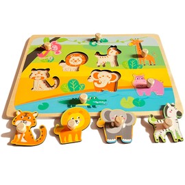 Funsland Wooden Puzzles Jigsaw Toys for 1 Year Old, Animal Toddler Peg Puzzles Toys, Baby Wooden Montessori Toys, Infant Kid Fine Motor Skill Learning Educational Toys Gifts for 1 2 3 Years Old