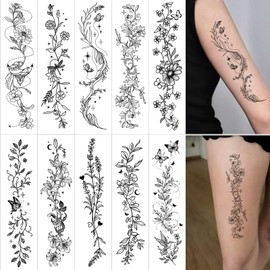 Temporary Tattoos For Women Girls -10 Sheets Branch Flower Butterfly Leaf Wild Plants Sketch Realistic Black Long-lasting Waterproof Tattoo Stickers for Arm Collarbone Leg Backbone Body Art Q780