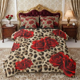 Erosebridal Leopard Print King Size Comforter Set, Red Rose 7-Piece Bed in A Bag, Brown Cheetah Sheets and Pillowcases, Safari Wildlife Animal Bedding Set Room Decor