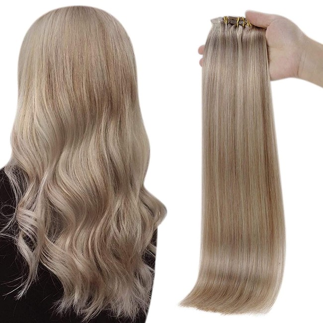 Full Shine Seamless Clip in Hair Extensions Human Hair Blonde Highlights 12 Inch Clip in Hair Extensions Remy Hair for Women with Short Hair Silk Straight 80 Gram 8 Pieces Color 18P613