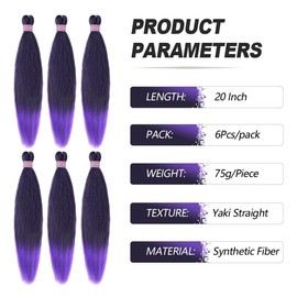 MEZIRU 20 Inch Pre Stretched Braiding Hair Extensions For Braids 6Pcs/Packs Yaki Straight Hair For Braiding Synthetic Hot Water Setting Twist Braid Hair For Women(20" 6Pcs #1b/Purple)