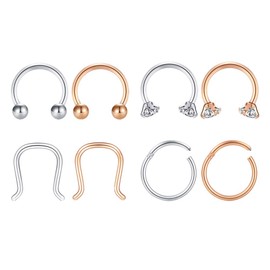 6-12pcs Rose-Gold Nose Rings Cartilage Earring Stud Stainless Steel Septum Horseshoe CZ Eyebrow Piercing Helix Tragus Earrings Jewelry