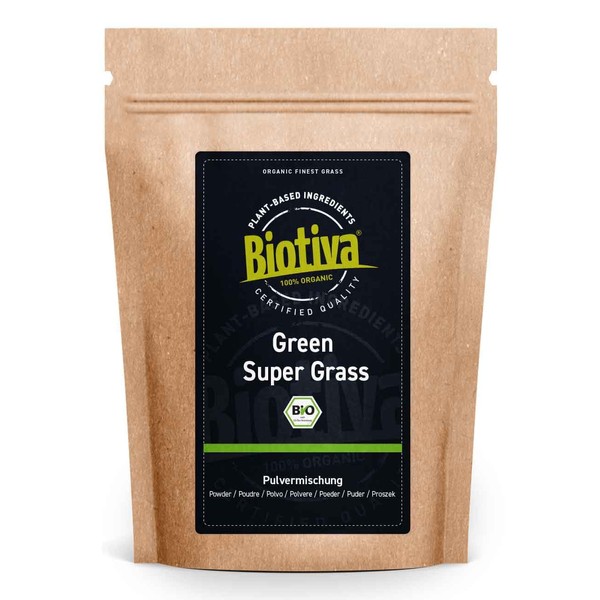 Biotiva Green Super Grass Powder Organic 400g - Barley Grass & Wheat Grass Powder - Ideal in muesli, Yoghurt, Smoothies and juices - Certified and Controlled in Germany