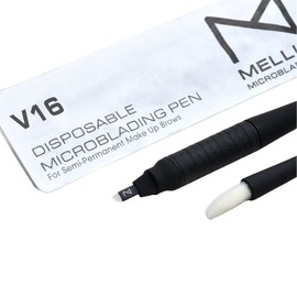 PACK OF 10 Mellie's Signature Microblading Disposable Pen - Sterilized Blade - Comfortable Rubber Grip With Pigment Sponge (V16 .18mm, Black)