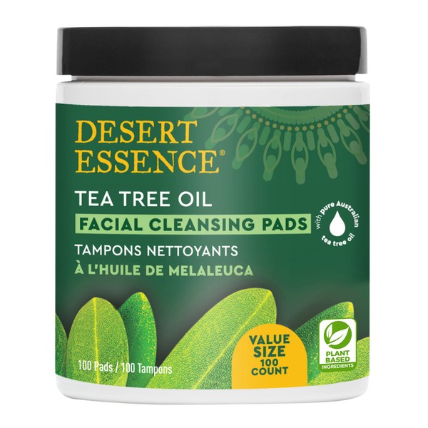 Desert Essence Daily Facial Cleansing Pads, 100 Count - Gluten Free, Vegan, Non-GMO Face Pads with Tea Tree Oil, Organic Lavender & Chamomile to Cleanse Skin, Reduce Oil & Dirt to Prevent Breakouts