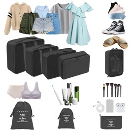 Suitcase Organiser Set, 8 Pieces Packing Cubes, Packing Cube Set for Holiday and Travel Accessories, Organiser System for Suitcases, Organiser Bag for Clothes, Shoes, Cosmetics (Black)