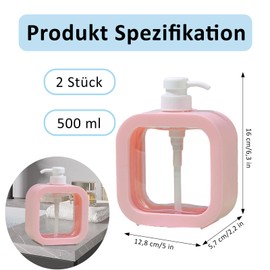 Soap Dispenser, Pack of 2 Shampoo Dispenser, 500 ml Shower Gel Dispenser with Pump, Small Plastic Soap Dispenser, Transparent Lotion Bottle, Refillable with Hand Soap, for Kitchen, Pink (Reusable)