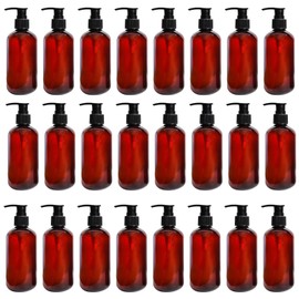 24 Pcs Empty Lotion Bottles with Pump 8oz - Refillable Amber Plastic Bottles, Liquid Dispensers with Secure Pumps, 250ml Travel-Size Containers for Lotion, Shampoo, Conditioner, Body Wash