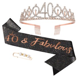 GDTO8820 40th Birthday Celebration Pack for Women: Crown, Pearl Pin, and Sash Made of Black Glitter Fabric with Rose Gold Letters, 40 & Fabulous Birthday Crown and Sash Kit