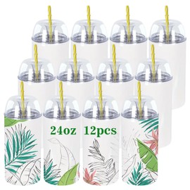 Lilsofee 12 Pack 24 oz Sublimation Tumblers with Dome Lid and Straw Double Wail Stainless Steel Vacuum Insulated Blank Tumbler with Curved Cover for DIY Cups