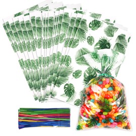 LEOSINDA 100 Pcs Gift Wrap Cellophane Treat Bags, 8 X12 Inch Hawaiian Palm Leaf Cellophane Candy Bags with for Candy,Cookies,Wedding Bridal Decorations Birthday,Valentine Party with Twist Ties