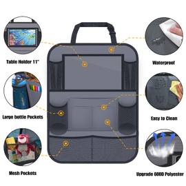 ULEEKA Car Backseat Organizer with 11" Table Holder, 10 Storage Pockets Seat Back Protectors Kick Mats for Kids Toddlers, Travel Accessories, 2 Pack, Gray