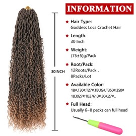 Xtrend 8 Packs 12Strands/pack River Boho Goddess Locs Crochet Hair With Curly Hair In Middle And Ends Pre-Looped Crochet Braids Messy Bohemian Fuax Locs Hair Extensions (T27# 30Inch)