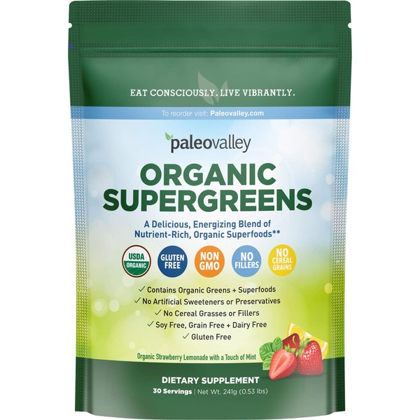 Paleovalley Organic Supergreens - Organic Greens Powder Superfood for Immune Support - Paleo Green Powder Blend - 28 Servings - 23 Organic Superfoods - Gluten Free, No Cereal Grasses, Soy or Grains