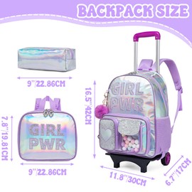 MYHSBYO Rolling Backpack for Girls Backpack with Wheels for Elementary Student Kids School Bag with Lunch Box Pencil Case for Girls Ages 6-8 Years Old Black