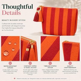 Cosmetic Bag Organizer Travel, Compact Lightweight Accessory for Travel and Daily Use - COSMERIA Orange Red Stripe Canvas